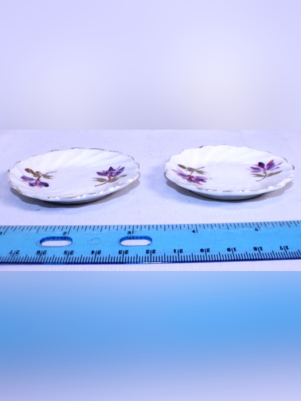 Butter Pats Floral Porcelain Dishes - White with Purple Flowers and Gold Trim